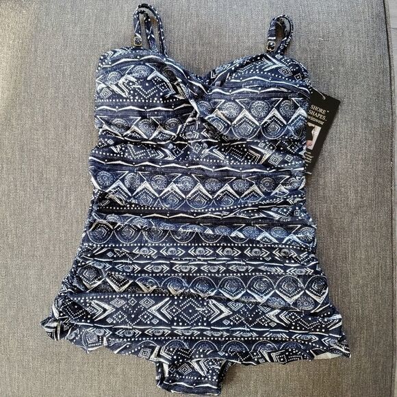 Shoreshapes Women's navy and white geometry print swimdress Swimsuit Size 10 - Picture 1 of 11